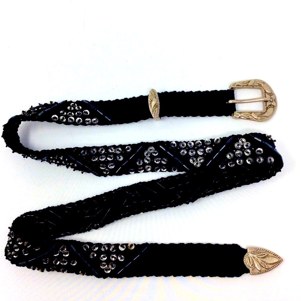 Black macrame sequin, silver buckle & cap belt.
